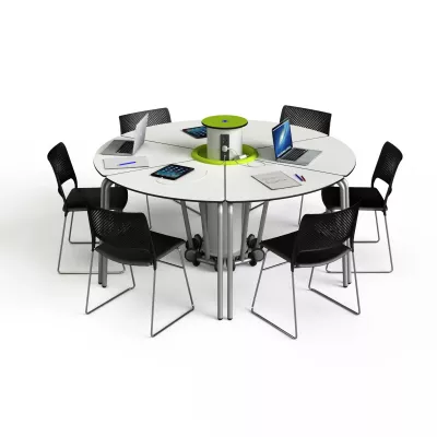 runder tisch, konferenztisch, schreibtisch tisch, zusammenklappbares zentrum, schwarze stühle