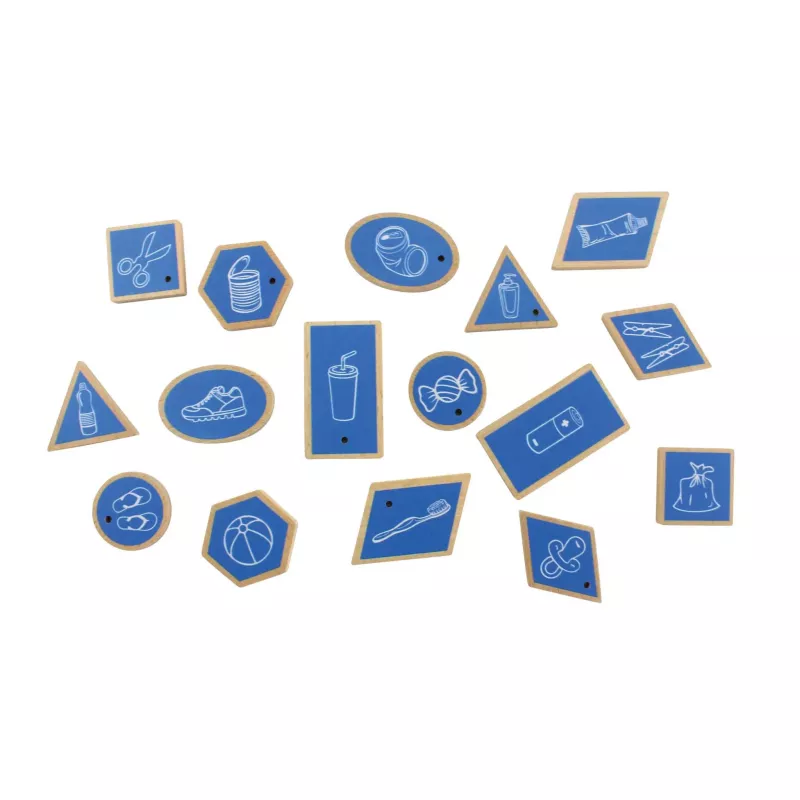 Holzplättchen, blaue Plättchen, Schere, Schuh, Zahnbürste, Flasche, Keks, Ball, Kegel, Papierrolle, Zahnstocher, Schuh, Beutel, Band, Tuben, Spritze, Tropfen, Waschflasche, Schuh, Keks