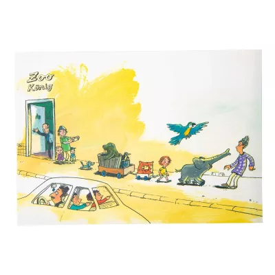 Kinderbuch, Zoo, Tierfiguren, Straßenszene, Auto