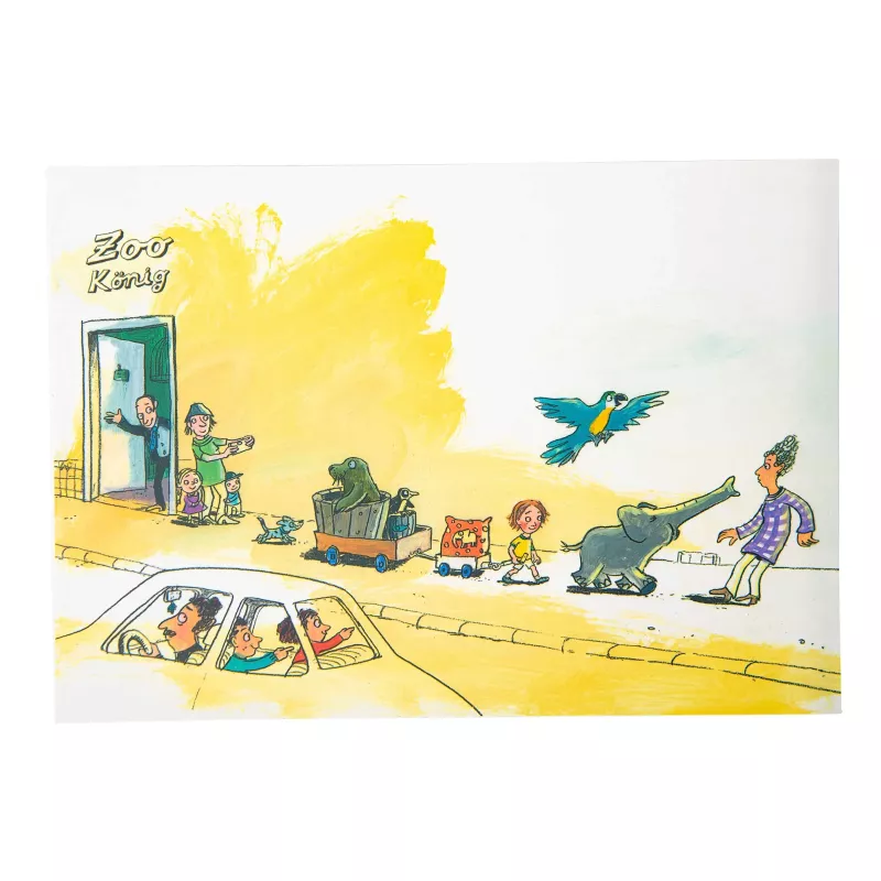 Kinderbuch, Zoo, Tierfiguren, Straßenszene, Auto