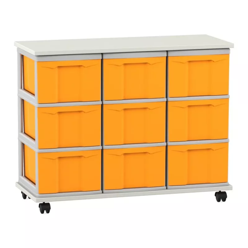 Aufbewahrungsschrank, orange Farben Behälter, mobiler Stauraum, Plastikbehälter, Rollwagen mit Behältern