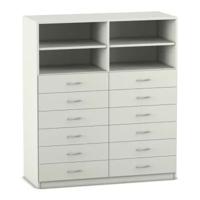 Mittelhohe Schrankkombination, mit Mittelwand, 12 kleine Holzschubladen
