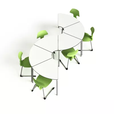 Meeting room, Conference table, Modular table, White surface, Green chairs