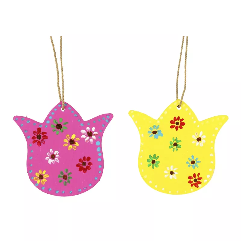 Tulpenform, Holzornament, Pinkes Ornament, Gelbes Ornament, Blumendesign