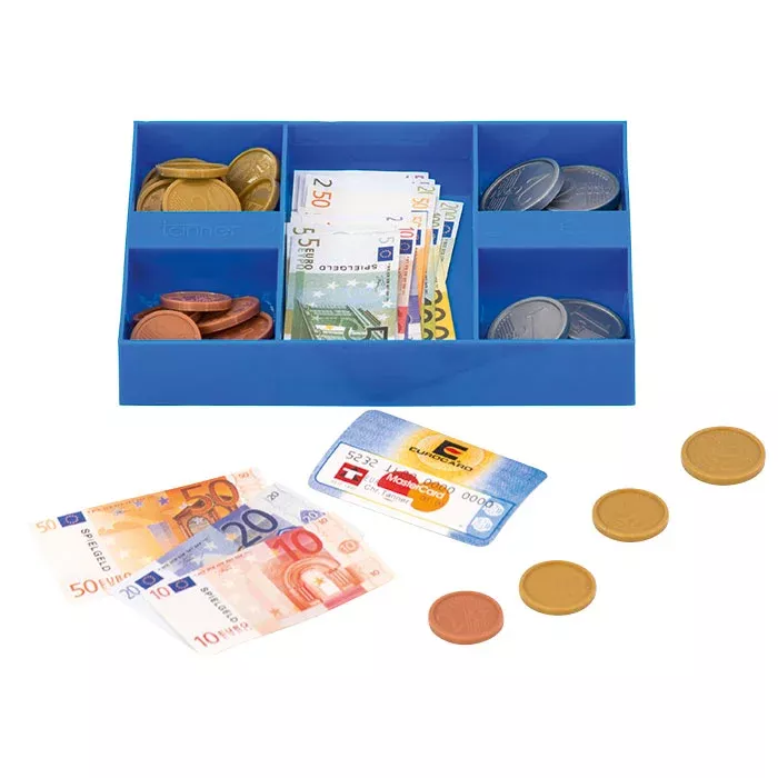 Spardose, Geldkassette, Spielgeld, Münzen, Gutscheinkarten