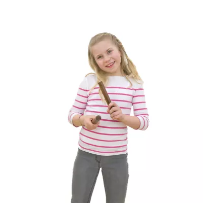 Kinderstrickshirt, gestreift, Holzstab, Rolle, Haarband