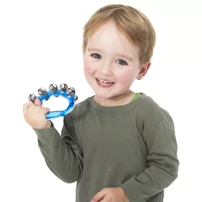 Kinderhandtrommel, Tamburin, blau, Silberballen, Spielzeug