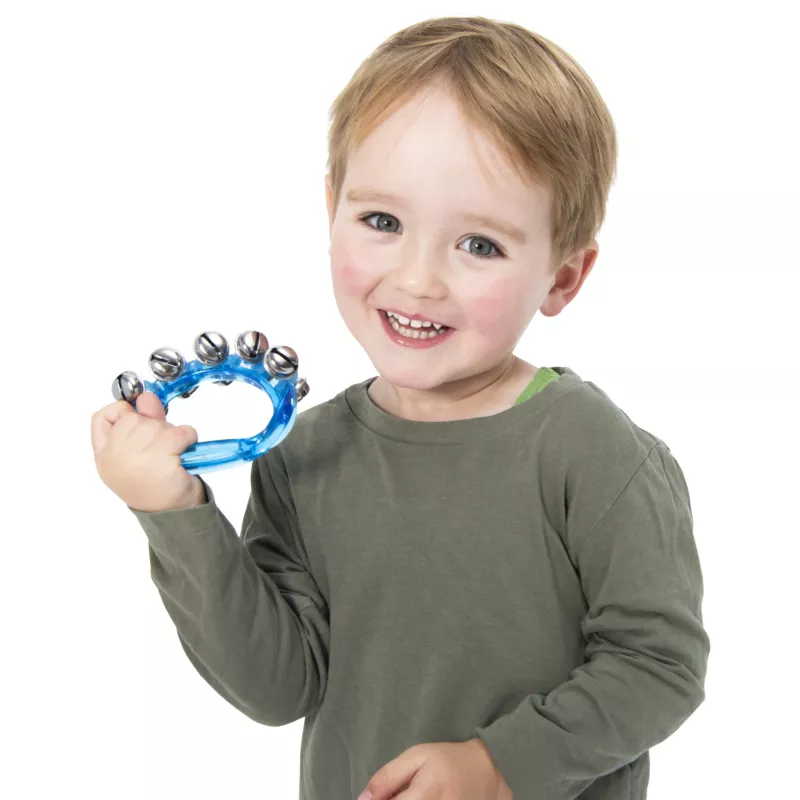 Kinderhandtrommel, Tamburin, blau, Silberballen, Spielzeug