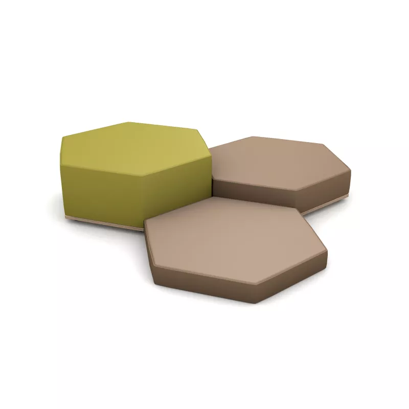 Hexagonaler Hocker, Modulares Sitzmöbel, Beige Braun, Grüne Akzentfarbe, Sanfte Kanten