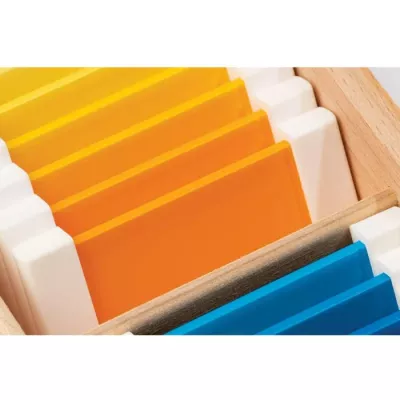 Plexiglas, Farbschichten, Farbstreifen, Brettkasten, Blau/orange/gelb