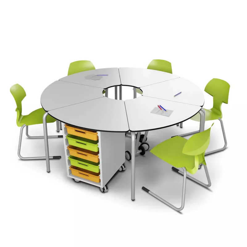 modularer Tisch, runder Tisch, Klassenzimmer-Tisch, Aufbewahrungsschublade, limettengrüne Stühle