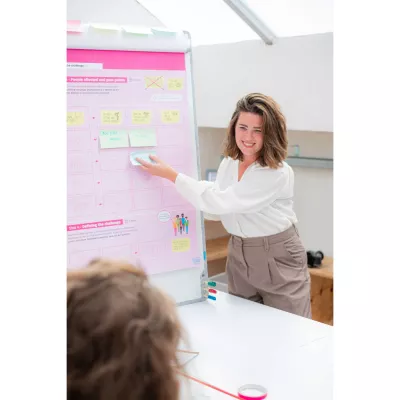 White blouse, Beige pants, Office assistant, Presentation board, Sticky notes