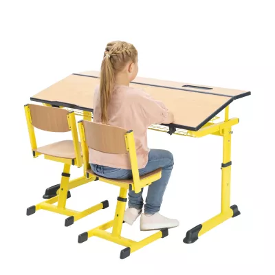 Schreibtisch, Schülerstuhl, Lernstuhl, Schule, Gelb-gestell