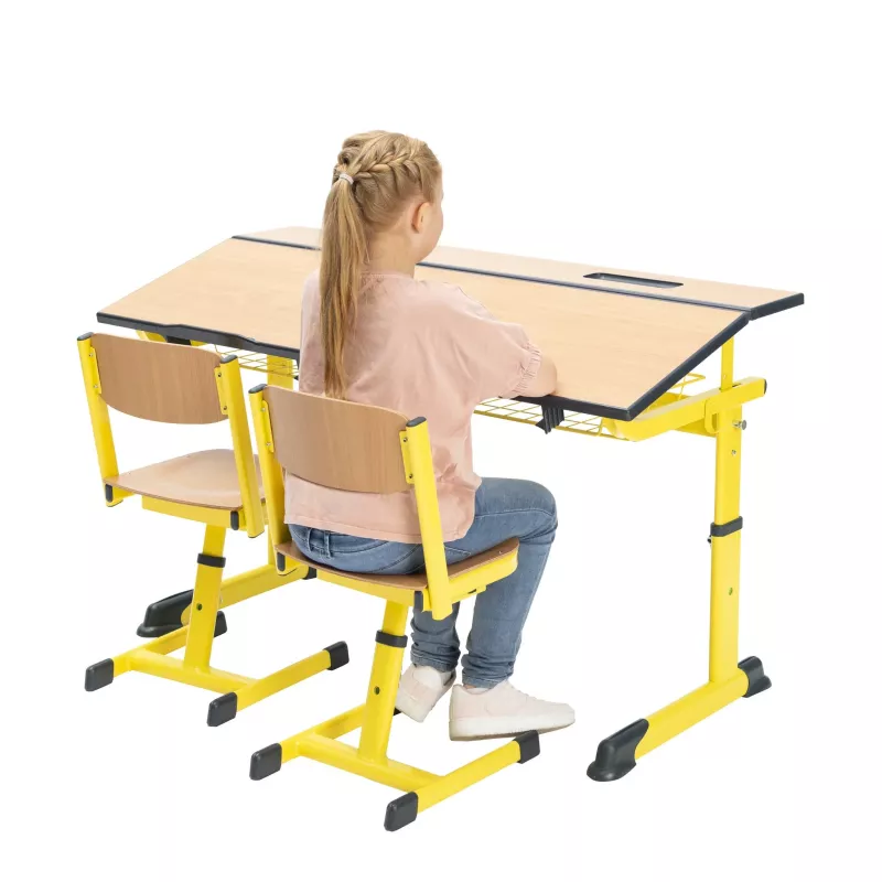 Schreibtisch, Schülerstuhl, Lernstuhl, Schule, Gelb-gestell
