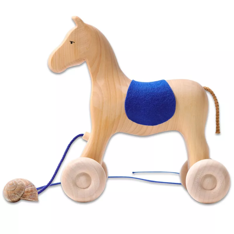 Holzpferd, Puppenwagen, Sattel, blau, Räder