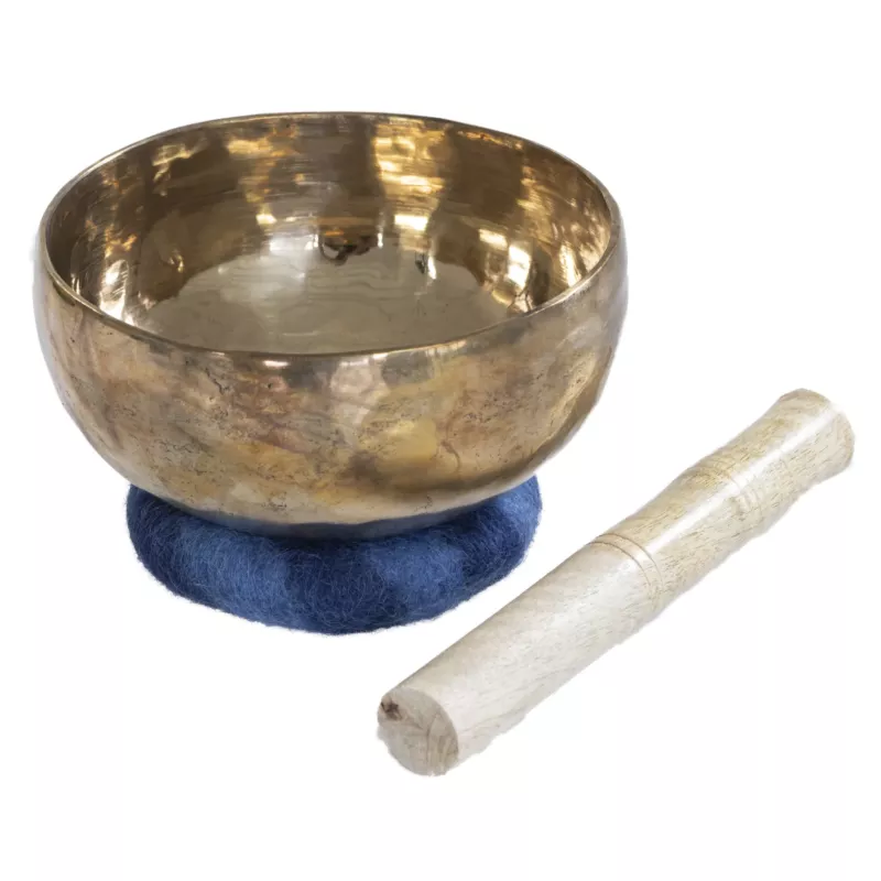 Metallschale, Messinggefäß, Schwestern-/Singing-Schale, Filzunterlage, Holzstößel