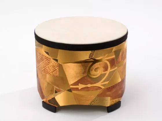 drum, drum perf, decorative drum, gold patchwork, wooden base