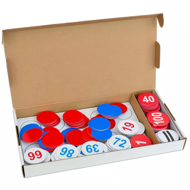 board-game, zahlenscheiben, kartonbox, rot-blau-weiß, runde scheiben