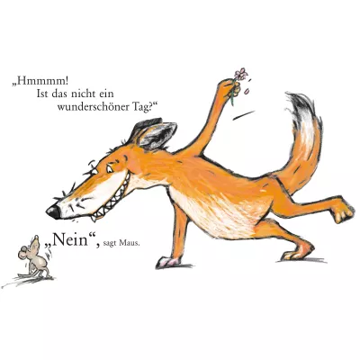 Cartooner Wolf, Orange Wolf, Kleine Maus, Blume Blüten, Verspielte Szene