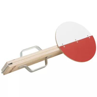 Tischtennis-Schläger, Rundschläger, Holzgriff, Rot-weißes Schild, Metallbügel