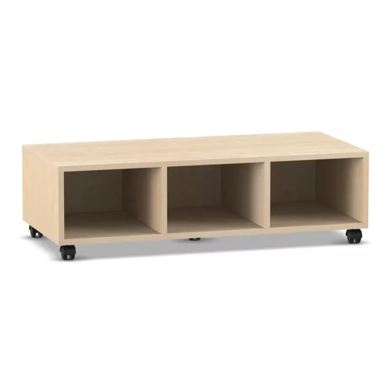 niederiger Schrank, würfelförmige Lagerung, Holzregal, drei Fächer, rollen