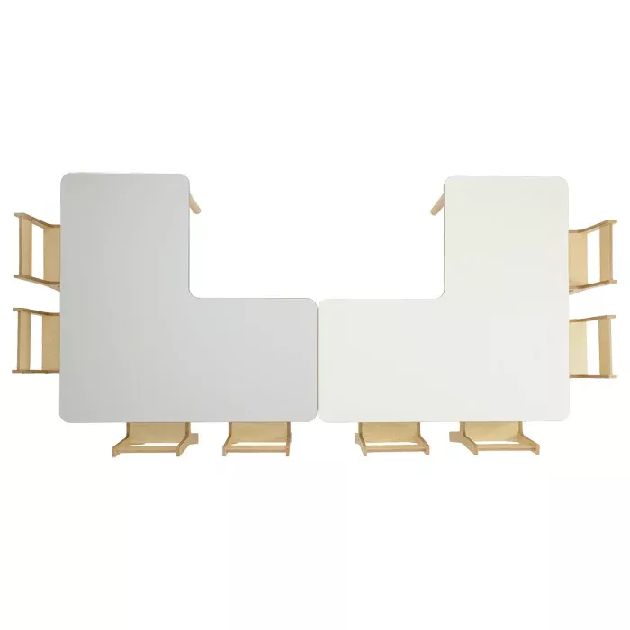 modularer Schreibtisch, klappbarer Schreibtisch, ineinander greifender Schreibtisch, Holzbeine, weiße Schreibtischplatten