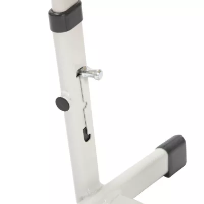 metallischer Knopf, verstellbares Gelenk, weißes Gestell, schwarzer Endkappen, Fußpedal