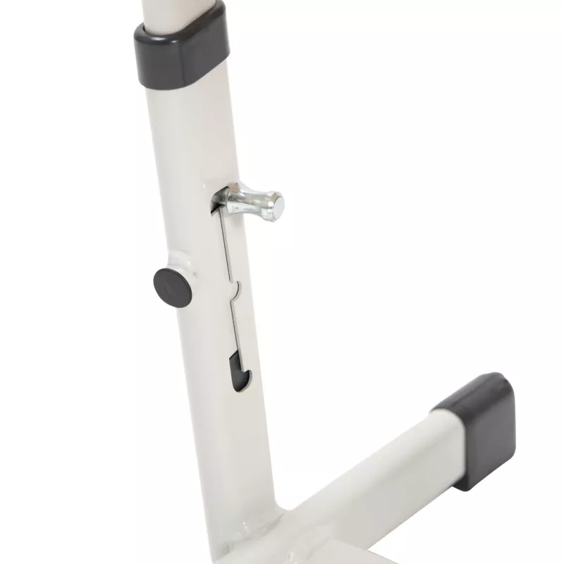 metallischer Knopf, verstellbares Gelenk, weißes Gestell, schwarzer Endkappen, Fußpedal