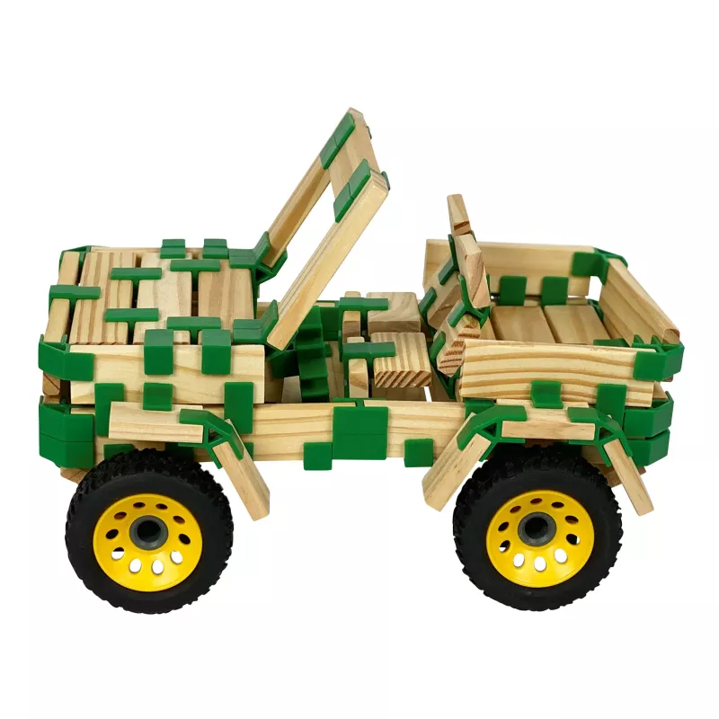 Holzbausteine, Holzbaukasten, Grüne Bausteine, Kleinteile, Gelbe Felgen