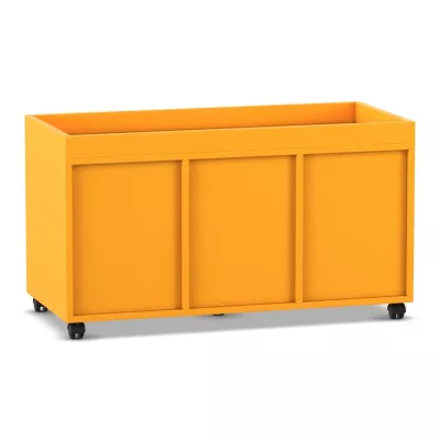 orange Speicher Schrank, mobiler Stauraum, pulverbeschichtetes Metall, drei Paneel, Rollfüße