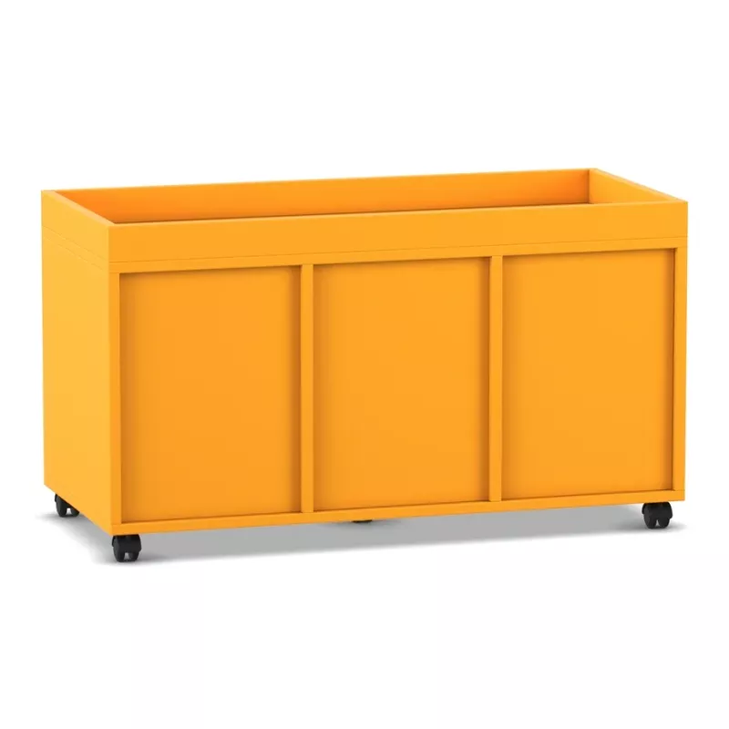 orange Speicher Schrank, mobiler Stauraum, pulverbeschichtetes Metall, drei Paneel, Rollfüße
