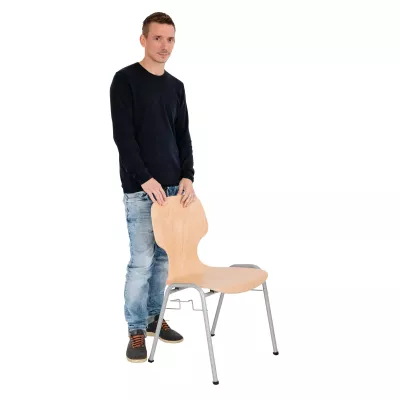 Sitzstuhl, Stuhl, Holz Rückenlehne, Metallrahmen, Kniehöhe Sitzhöhe