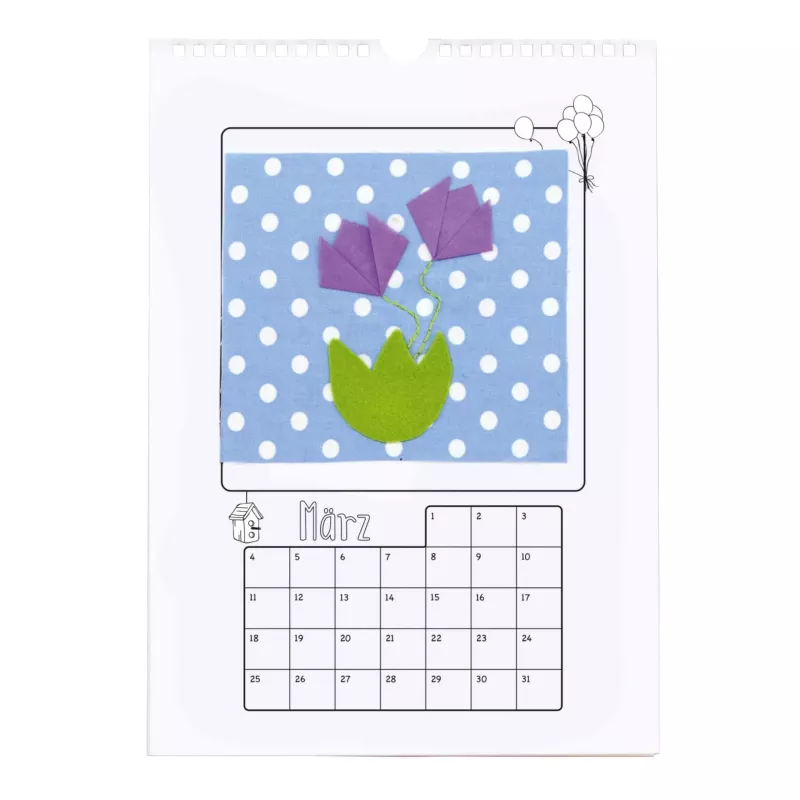 Mondkalender, März, Polka-Druck, blaues Quadrat, Papierkunst