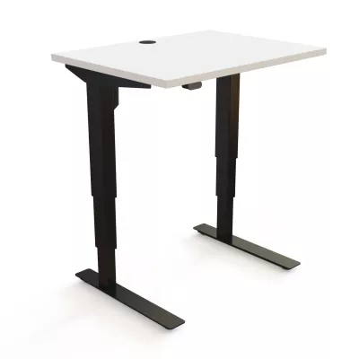 Schreibtisch, Stehschreibtisch, Metallgestell, weiße Tischplatte, Kabeldurchführung
