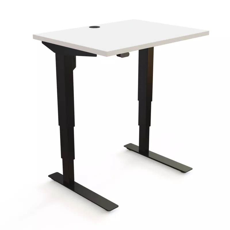 Schreibtisch, Stehschreibtisch, Metallgestell, weiße Tischplatte, Kabeldurchführung