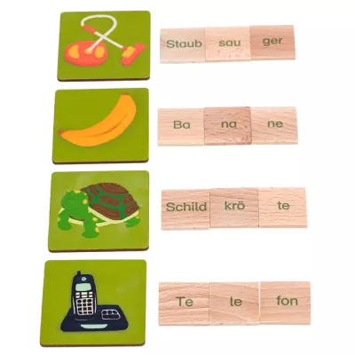 Holzspielzeug, Tierbild, Telefon, Bananen, Hinweis: Lehrmaterial
