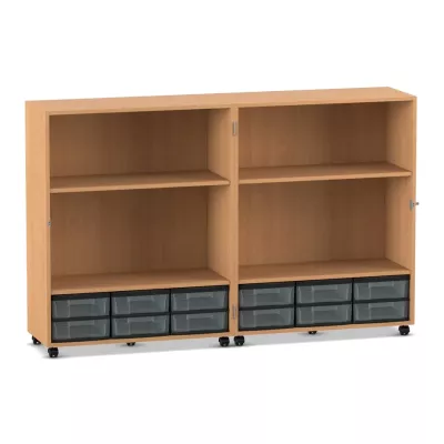 Mobile Klapp-Bibliothek mit Boxen