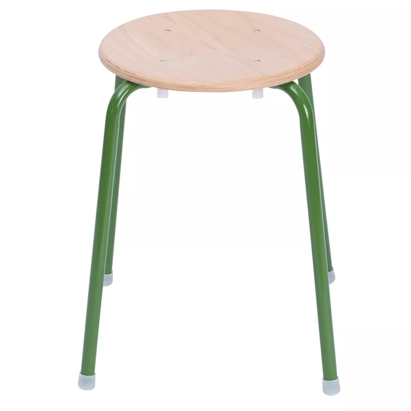 Hocker, Holz_Sitz, Grüne Beine, Vier Löcher, Holzplatte