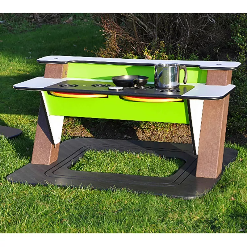 Outdoor BBQ table, Play kitchen, Green table, Stove top, Pot with kettle