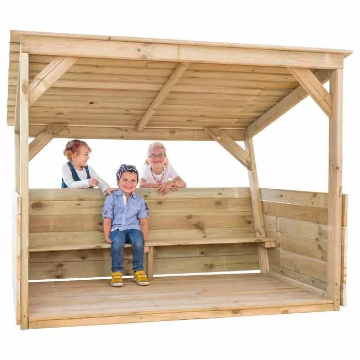 holzbau, kinderbank, sandkastenhaus, holzrahmen, schattiger schutz