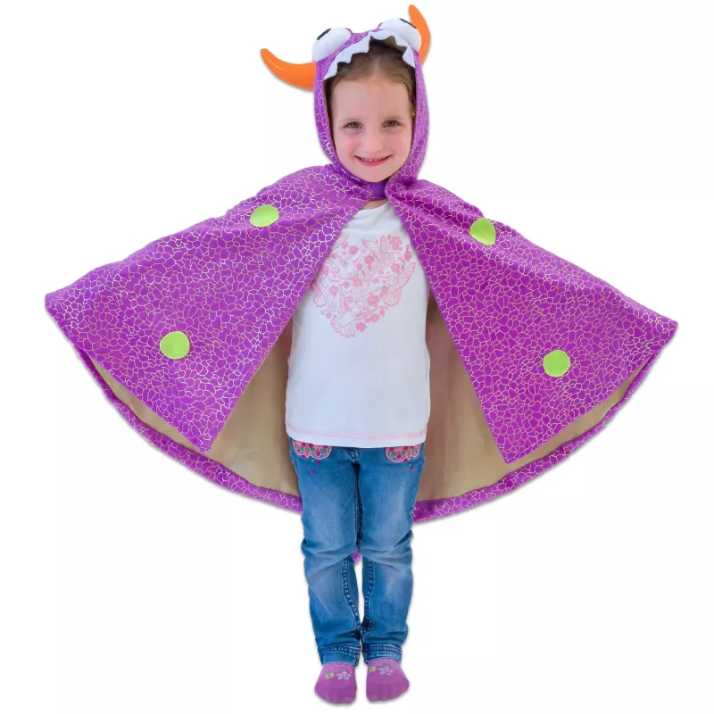 Kindercape, Drachencape, Kapuzencape, Lila Farbe, grüne Punkte