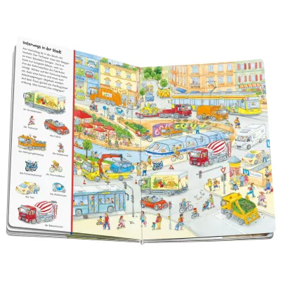 Kinderspielbuch, Straßenverkehr, Stadtansicht, Illustration, Transportmittel