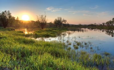 Sonnenuntergang, Flusslandschaft, Graslandschaft, Wasserreflexion, Natur