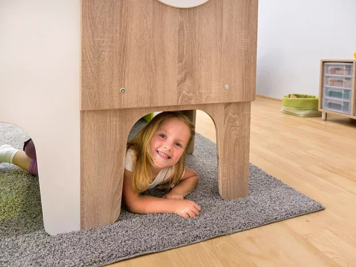 Kind, Mädchen, Spielhaus, Holzstruktur, Lächeln