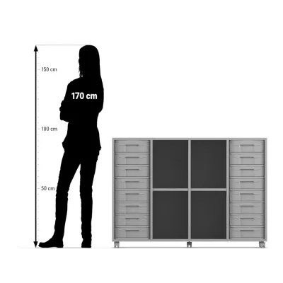 Schrank, Aufbewahrungsschrank, Schubladen, Stahlrahmen, graue Türen
