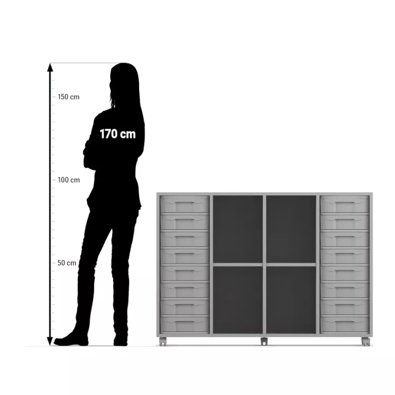 Schrank, Aufbewahrungsschrank, Schubladen, Stahlrahmen, graue Türen