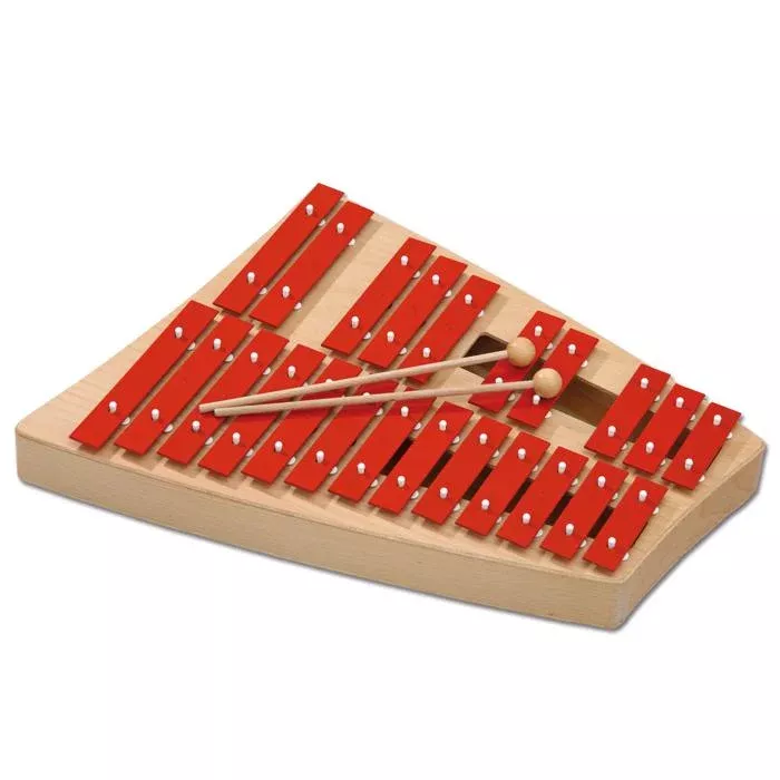 xylophon, Instrument für Kinder, rote Stangen, Holzbase, Schlägel