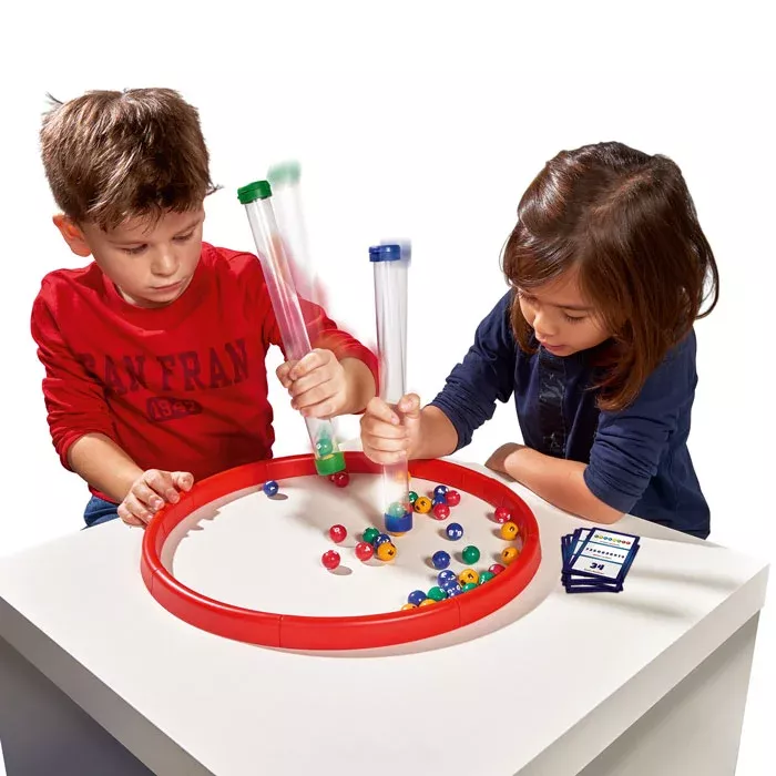 Tabletop game, Bubble marbles, Plastic tubes, Red hoop, Children playing
