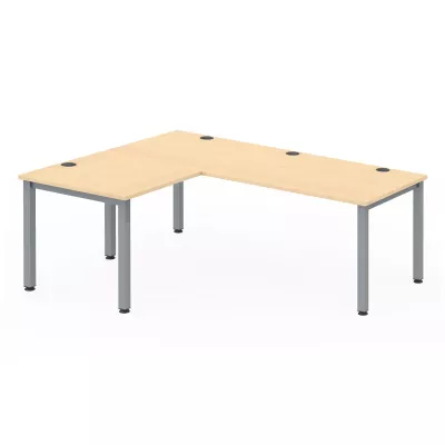eckschreibtisch, arbeitsplatte, holzoptik, metallbeine, kabeldurchführung