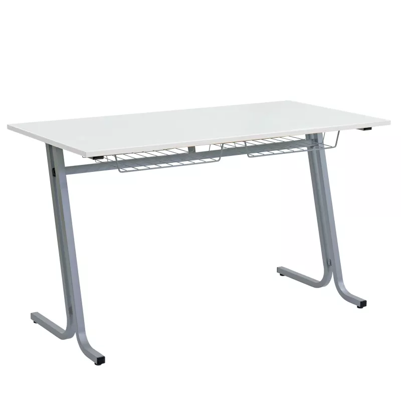 Schreibtisch, Schreibtischplatte, Metallgestell, Korbablage, Gerader Füße